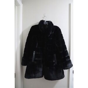Jones New York Faux Fur Coat Black Medium M Elegant Chic Winter Warm Outerwear